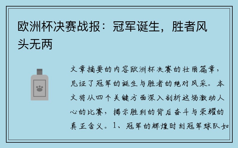 欧洲杯决赛战报：冠军诞生，胜者风头无两